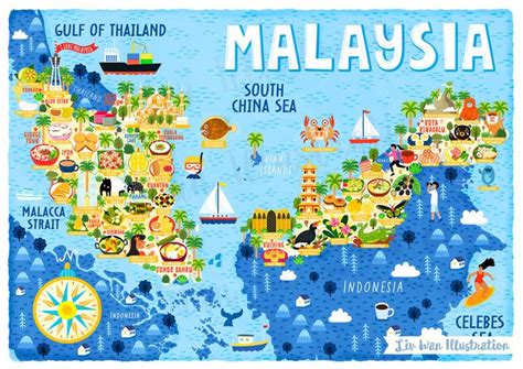 An Illustrated Map Of The Country Of Malaysia In Blue And White With