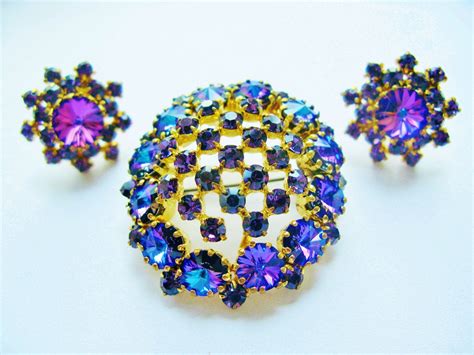 Austrian Rivoli Rhinestone Blue Purple Brooch And Earring Set Vintage