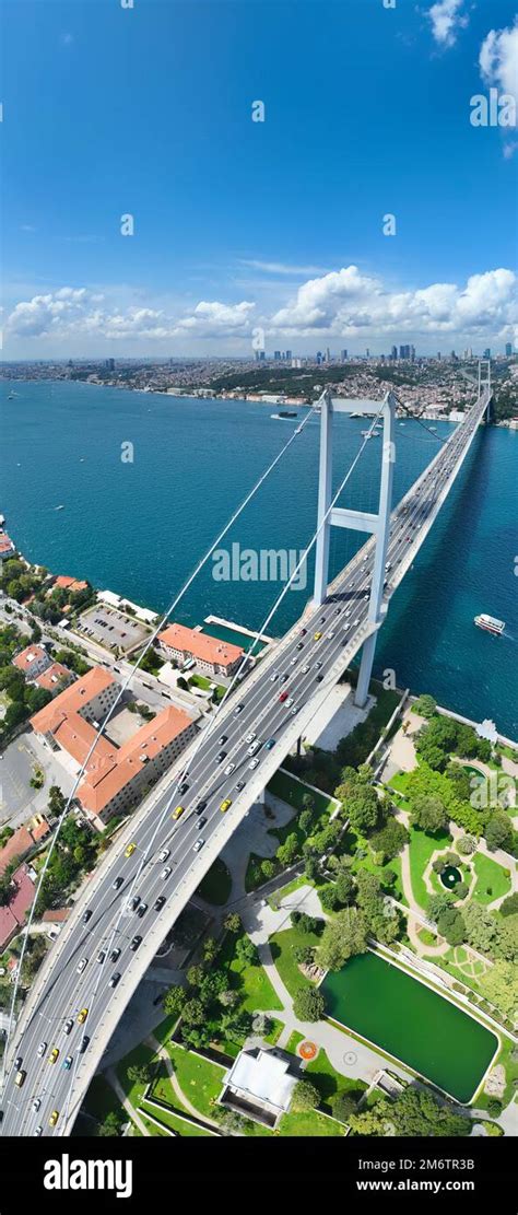 Istanbul Bosphorus Bridge And City Skyline In Background With Turkish