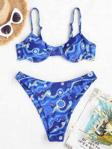 Zaful Ribbed Flower Wave Print Underwire Bikini Swimwear In Blue