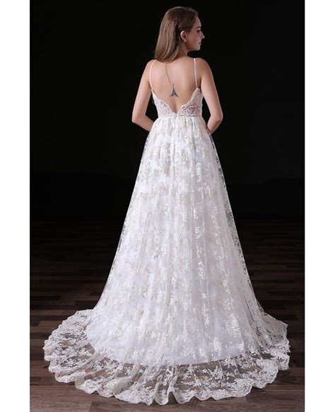 Ball Gown V Neck Sweep Train Lace Wedding Dress With Open Back A016 16999