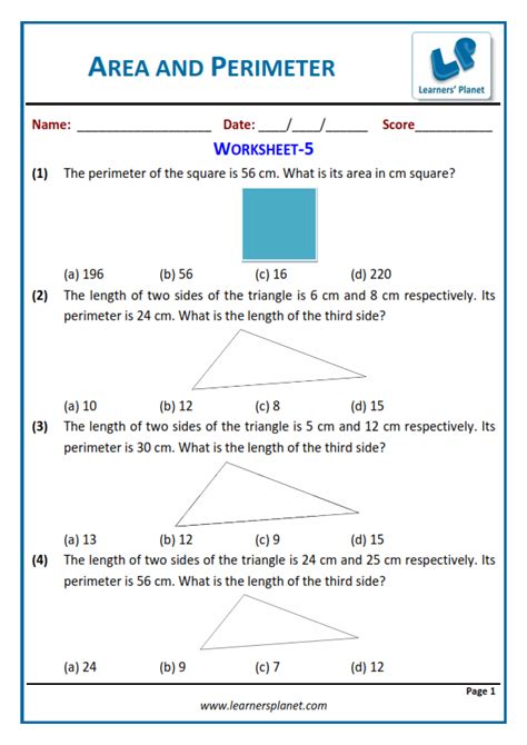 Question Bank For 5th Class Mathematics Area And Perimeter