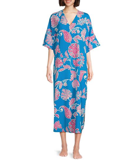 Natori Short Sleeve V Neck Satin Floral Paisley Print Caftan Dillards