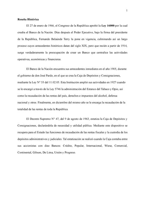 Trabajo Complemento Banco De La Nacion Reseña Histórica El 27 De