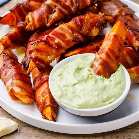 Bacon Wrapped Sweet Potato Wedges With Avocado Aioli Paleo Grubs