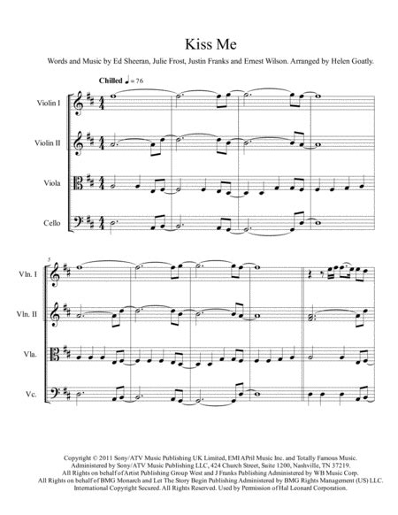 Kiss Me Arr Helen Goatly Sheet Music Ed Sheeran String Quartet