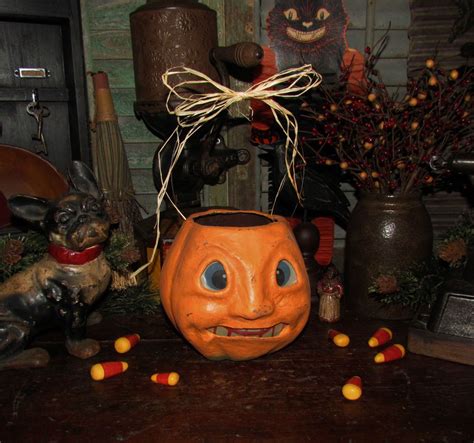 Primitive Vtg Style Dealer Retro Halloween Paper Mache Jack O Lantern Bucket Pumpkin Halloween