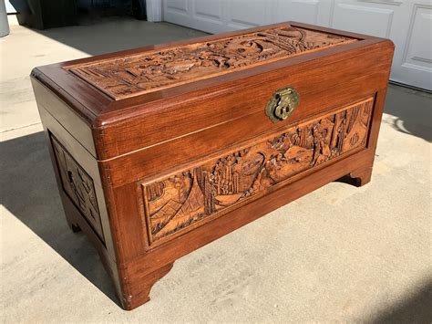 Chinese Carved Camphor Wood Chest 36x19x17 Asian Wood Blanket Chest