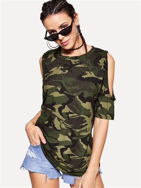 Cold Shoulder Camo Tee Camo Tee Cool T Shirts Casual Tee