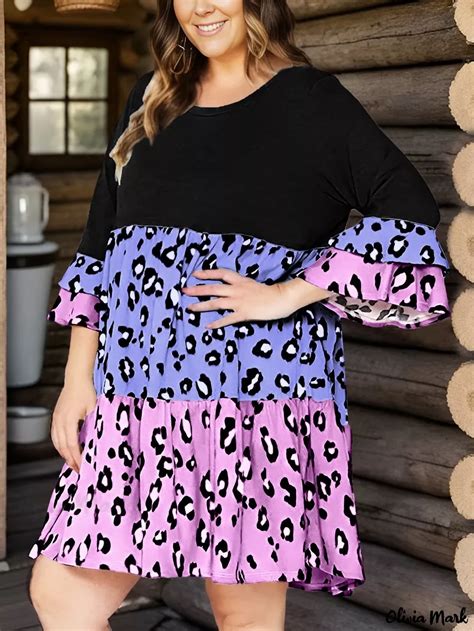 Olivia Mark Womens Plus Size Boho Dress With Leopard Print Layered