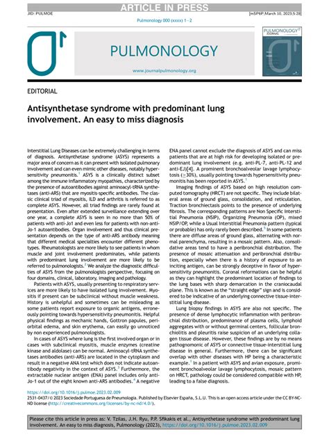 Pdf Antisynthetase Syndrome With Predominant Lung Involvement An Easy To Miss Diagnosis