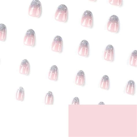 Buy Mouyouglow Short Round Nude Pink Silver Glitter Press On Nails Full Cover Artificial Nails