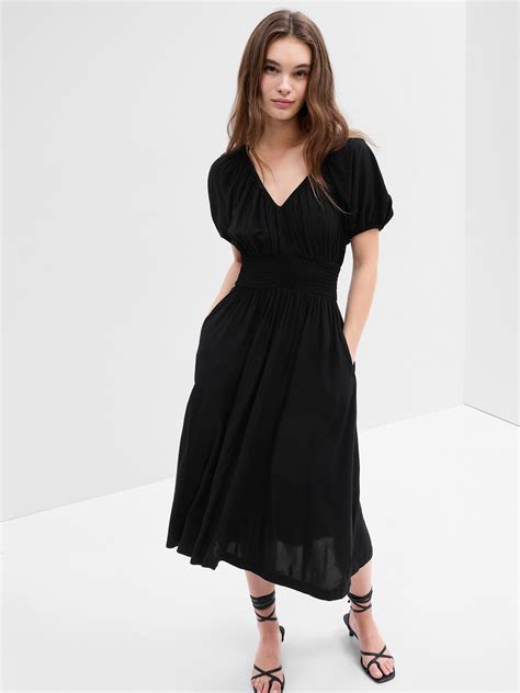 Smocked Puff Sleeve Midi Dress Gap Factory