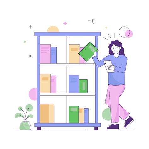Книжная стойка библиотеки плоского персонажа иллюстрации | Премиум векторы