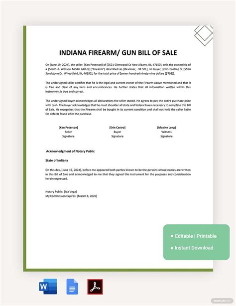 Indiana Firearm Gun Bill Of Sale Template In Google Docs PDF Word