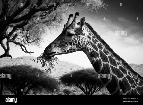 A Black And White Illustration Of A Giraffe Grazing In The Savanna