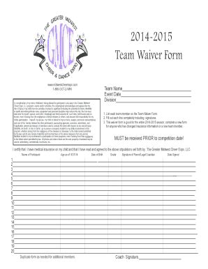 Fillable Online Team Waiver Form The Greater Midwest Cheer