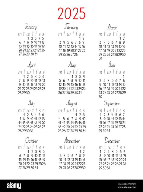 Calendar Template For The Year 2025 In Simple Minimalist Style Week