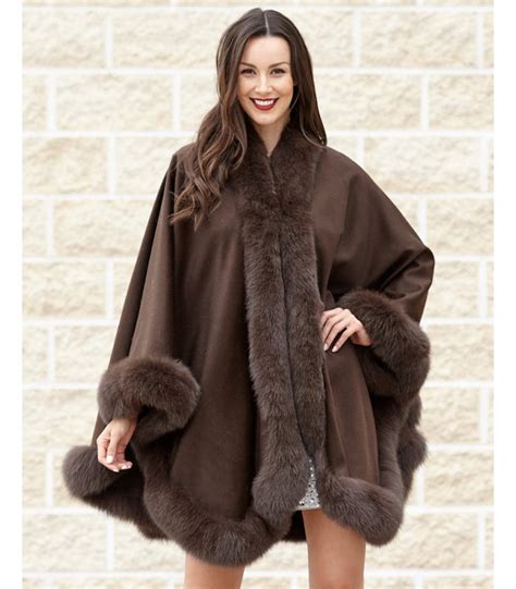 Classic Cashmere Cape With Fox Fur Trim In Chocolate Furhatworld