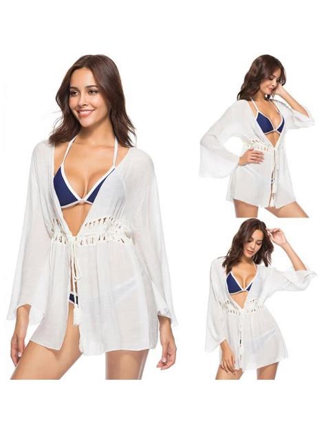 SUPERHOMUSE Women Swimming Beach Bikini Blouse Trumpet Sleeve Hook