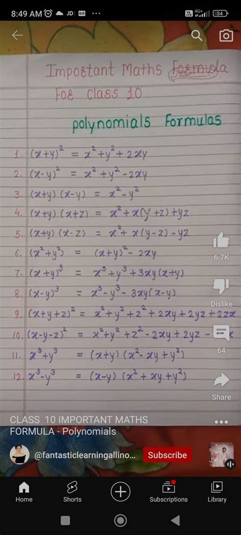 Important Maths Fogmola Foz Class 10 Polynomials Formulas 1 X Y 2 X2 Y2