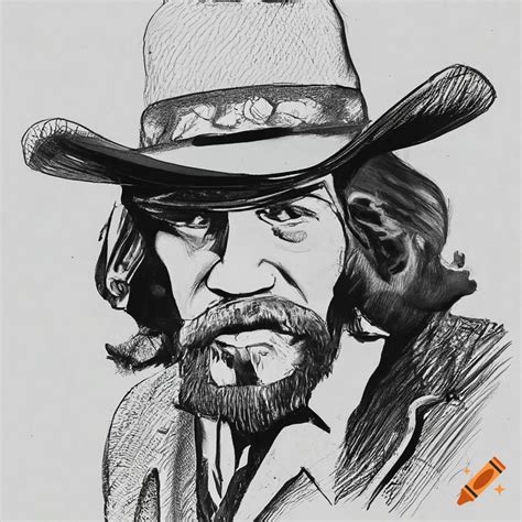 Black And White Sketch Of Waylon Jennings As A Cowboy Outlaw In The