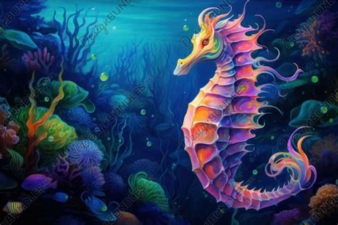 Vibrant seahorse in mystical underwater scene