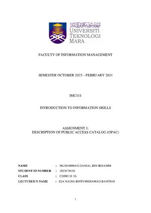 Web Opac Imc111 Assignment Semester 1 FACULTY OF INFORMATION