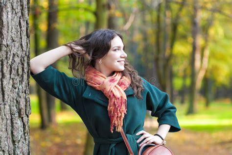 Stylish Caucasian Female Brunette Model Posing In Autumn Forest Stock Photo Image Of Caucasian
