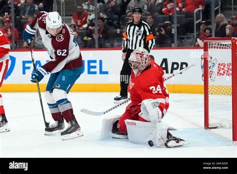 Detroit Red Wings Goaltender Alex Lyon 34 Stops A Puck Deflected By