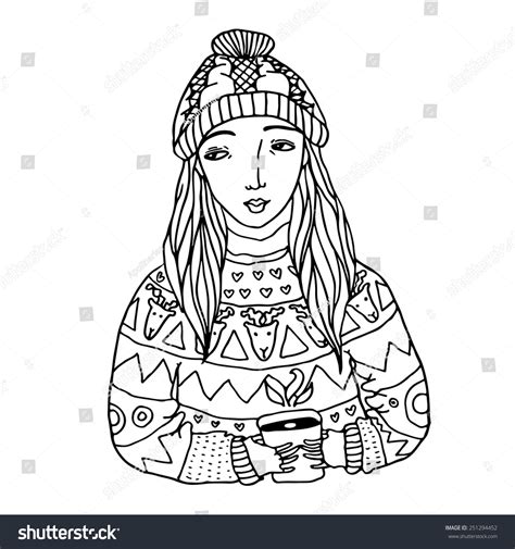 Girl Drinking Hot Cocoa Outline Illustration Stock Vector 251294452 Shutterstock