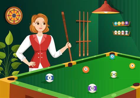 Billiards Game Illustration with Player Pool Room with Stick, Table and Billiard Balls in Sports ...