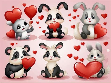 Premium Photo | A set of cute cartoon animals with hearts and hearts in ...