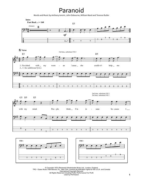 Paranoid Sheet Music Black Sabbath School Of Rock Bass Guitar