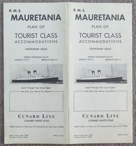 Cunard White Star Line Mauretania Tourist Class Deck Plan Eur