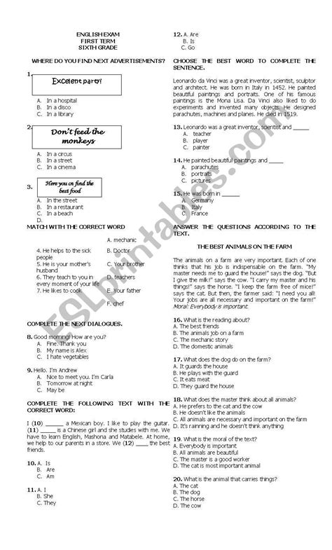 Test Sixth Grade Esl Worksheet By Yiara