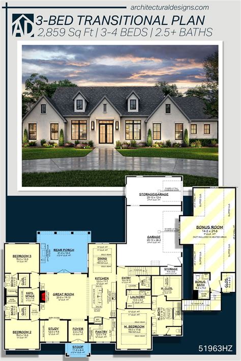 Plan 51963HZ: 3-Bedroom Transitional House Plan with Office and