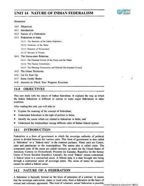 Unit 14 Unit 14 Nature Of Indian Federalism Structure 14 Objectives