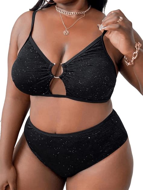 Amazon Beaudrm Women S Pcs Plus Size Solid Ring Cut Out Bikini