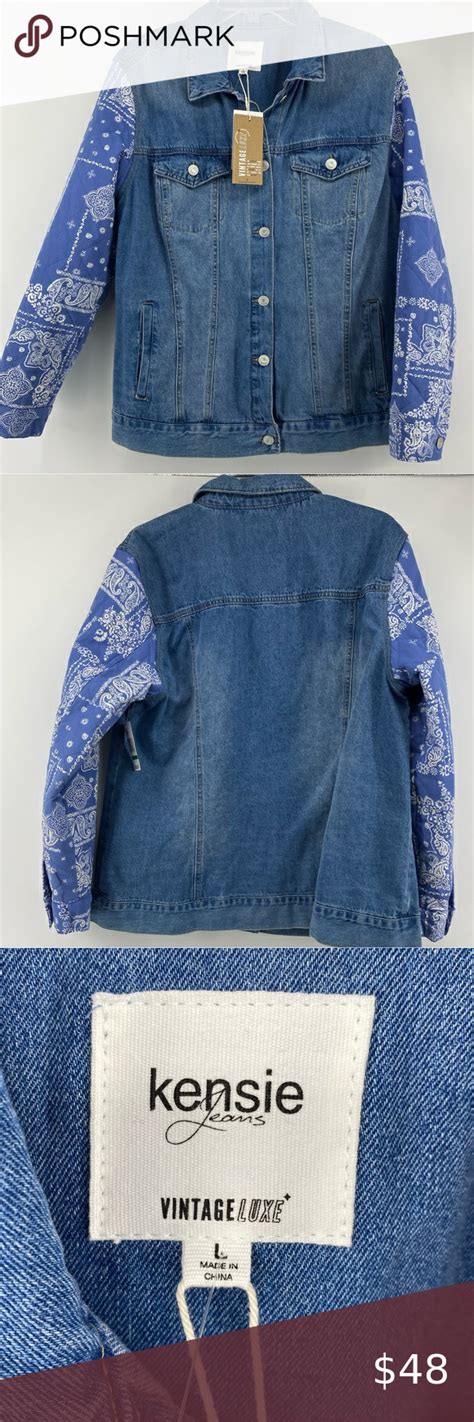 Kensie Sz Large Vintage Luxe Denim Jacket Quilted Bandana Sleeves Nwt