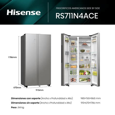Hisense RS711N4ACE - Frigorífico Americano Side By Side, Clase E, Inox