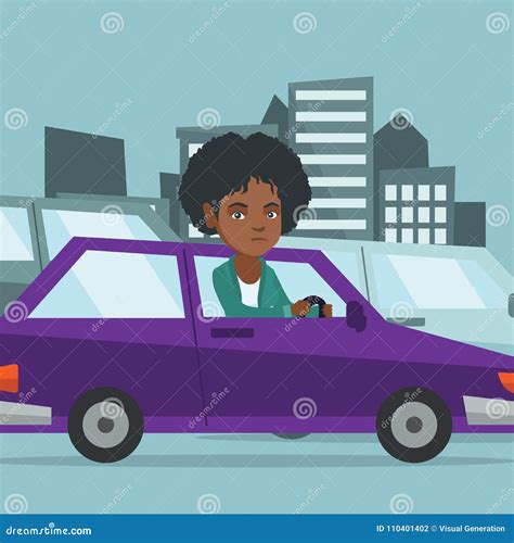 Angry African Woman in Car Stuck in Traffic Jam. Stock Vector