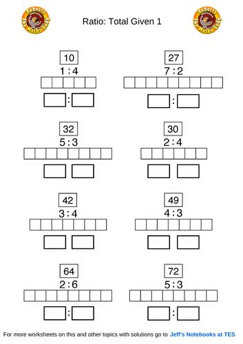 Ratio Worksheets Parts From Whole And Whole And Part From Part Teaching Resources