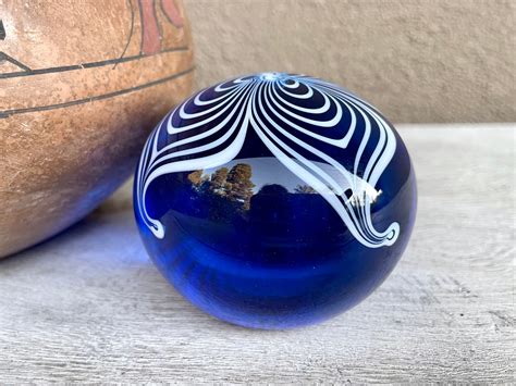 1982 Art Glass Paperweight Signed Terry Crider Blue Pulled Flower Design Sun Catcher Vintage