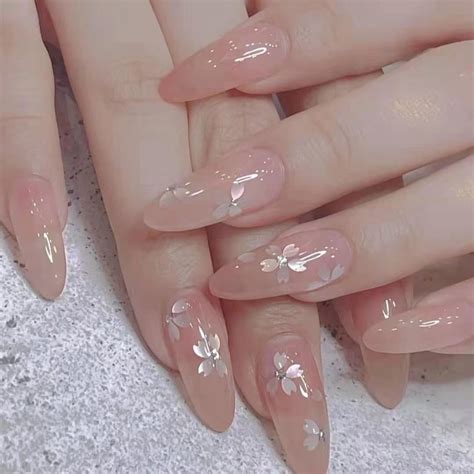 Sakura Flower Press On Nails Nude Pink Gel Beautiful Nails Glue On The Nails Handmade