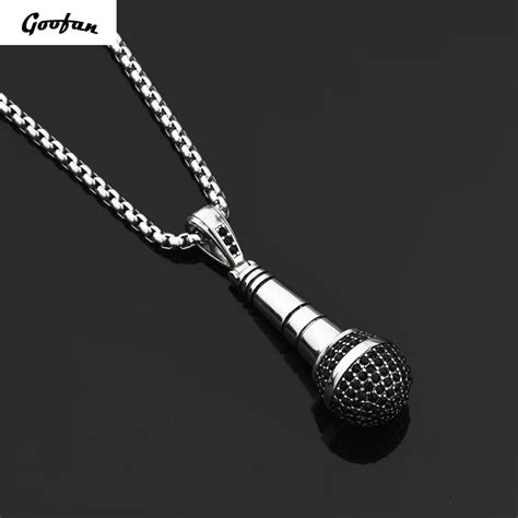 Goofan Hiphop Men Personality Silver Microphone With Rhinestone Pendant