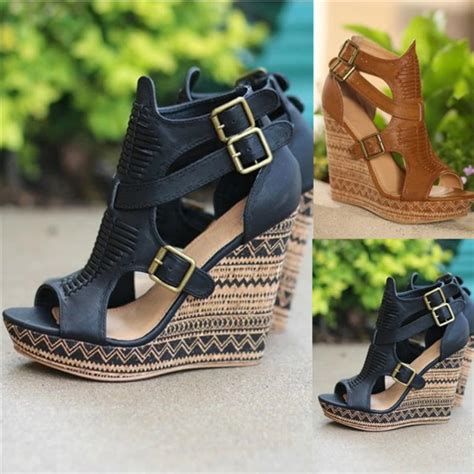 Women Fashion Summer Vintage Sexy Printed Wedges Sandals Womens Casual High Heels Sandals Shoes