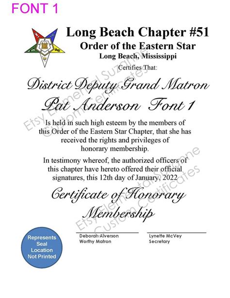 Oes Honorary Member Certificate Eastern Star Fraternal Etsy Eastern