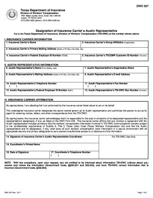 Fillable Online Tdi Texas Dwc Form Carrier Representative