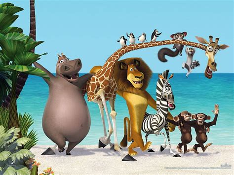 Hd Wallpaper Madagascar Poster Sea Palm Trees Cartoon Leo Penguins Giraffe Wallpaper Flare